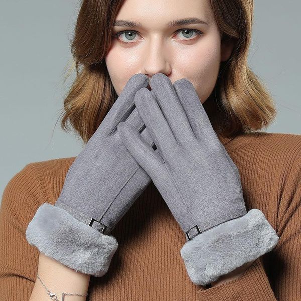

five fingers gloves winter outdoor touch screen women men warm stretch knit mittens imitation suede full finger female crochet thicken, Blue;gray