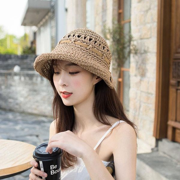 

women hat dainty bucket straw foldable summer women's sun cap fashion adjustable beach wide brim hats, Blue;gray