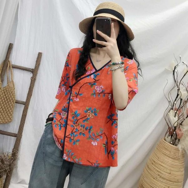 

ethnic clothing 2021 summer chinese traditional women hanfu tang suit blouse ancient v neck linen shirts 10444, Red