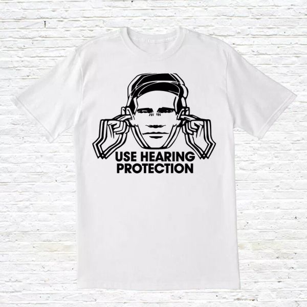 

use hearing protection t-shirt (factory / hacienda / post-punk), White;black