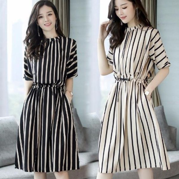 

women summer dress half sleeves slim fit striped round neck elastic waist h9 casual dresses, Black;gray