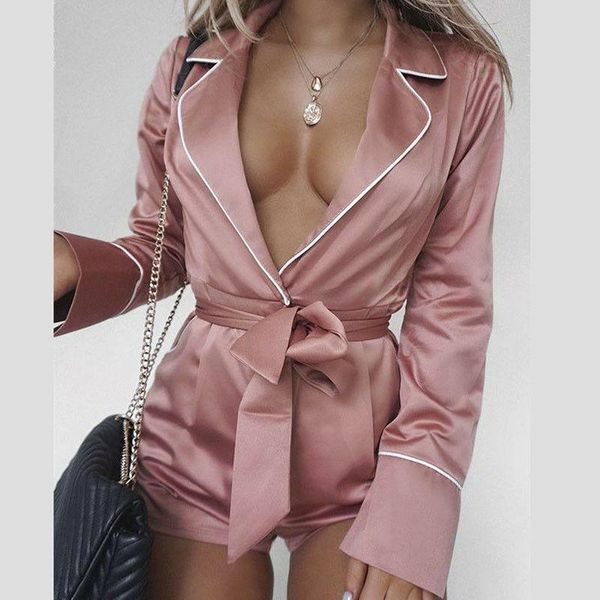 

women's jumpsuits & rompers women satin short romper jumpsuit long sleeve clubwear bodycon playsuit belts bodysuit party body clothes s, Black;white