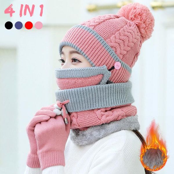 

autumn winter women's hat caps knitted warm scarf windproof multi functional set cycling gloves mask accessories suit & masks, Black