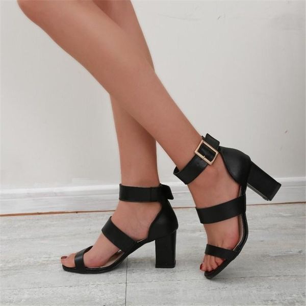 

women high heels sandals summer open toe gladiator ladies shoes block buckle strap large size zapatos mujer, Black