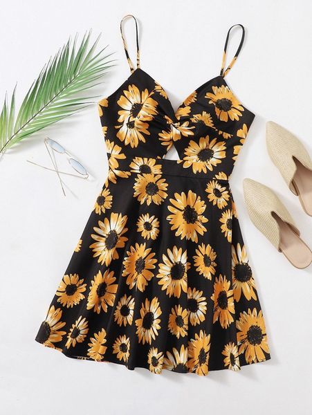 

twist front tie back sunflower print dress c2fu#, Black;gray