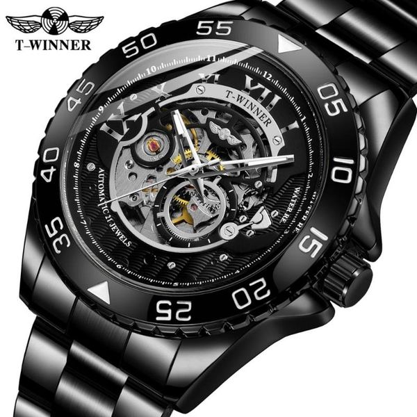 

wristwatches t-winner men's mechanical self-winding movement skeleton stylish casual luxury watch with stainless steel bracelet wrg8193, Slivery;brown