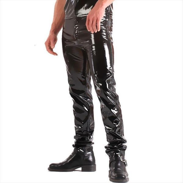 

skinny faux leather leisure women pants pu shiny male singers club stage dancer plus joggers, Black