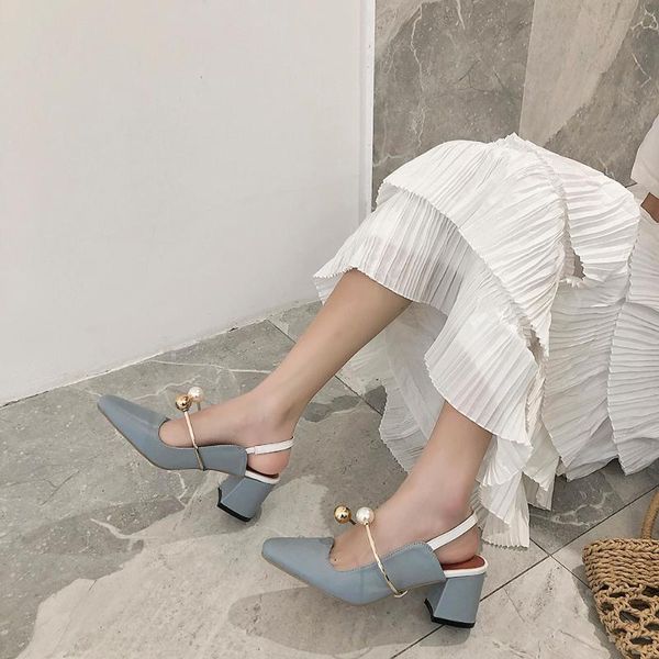 

dress shoes 2021 spring and summer pearl square head wild thick heel mules sandals women's baotou mid single tide, Black