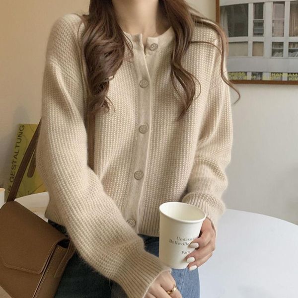 

women's knits & tees spring and autumn gentle wind sweater coat short round neck with retro style knitted cardigan fashion, White