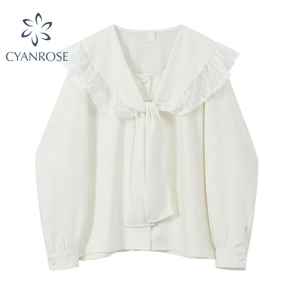 

apricot blouses women long sleeve sailor ruffle bandage collar preppy style shirt v neck student korean retro blusas 210417, White