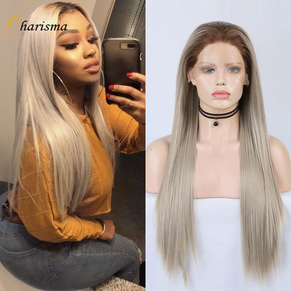 

costume accessories lace front wig 26inch long silky straight wig synthetic lace wig for women brown roots ombre wigs heat resistant fiber, Silver