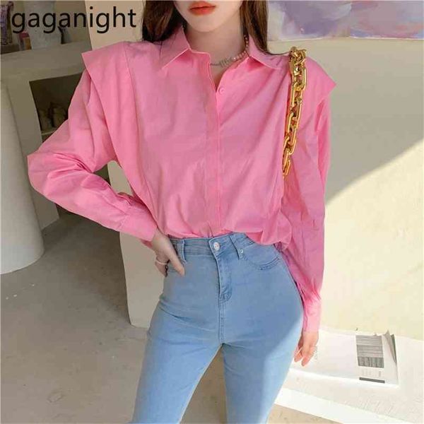 

spring korean fashion solid ruffles women blouses single breasted loose turn-down collar shirts ladies long sleeve 210601, White