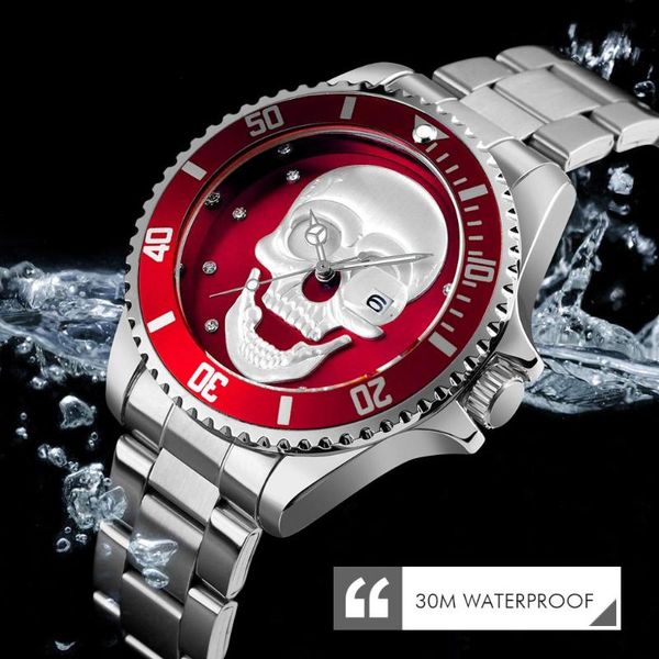 

wristwatches men's watch quartz skull men stainless steel skeleton creative watches male clock waterproof wristwatch relogio masculino, Slivery;brown