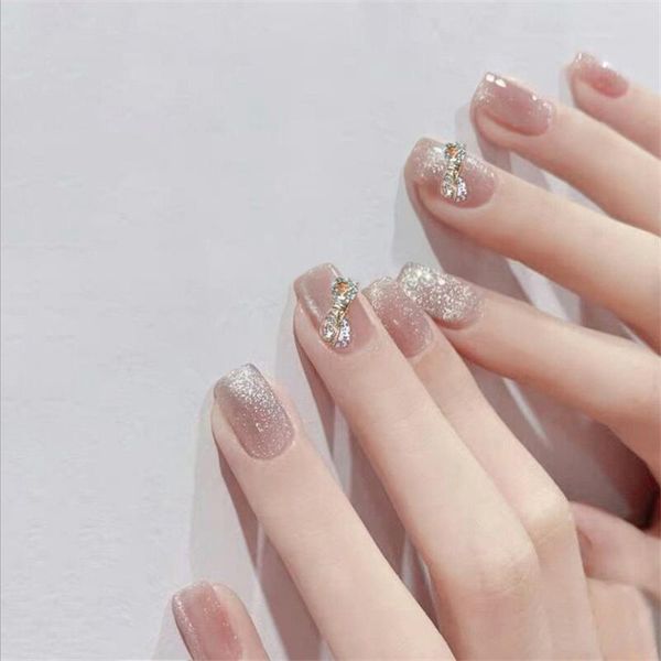 

false nails full coverage 24pcs flash detachable cat eye bow pattern short faux wearable ballerina nail stickers fake design tools, Red;gold