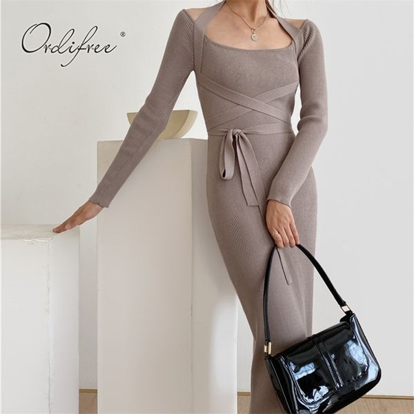 

autumn women knitted dress belted split bodycon long sweater 210513, Black;gray