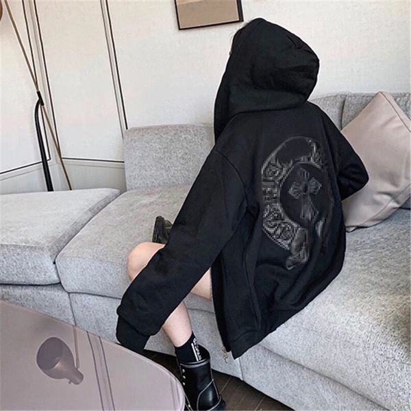

factory direct saleaopai style leather collage element zipper hooded factory direct sale large horseshoe sanskrit hand cut pasted cloth swea, Black;brown