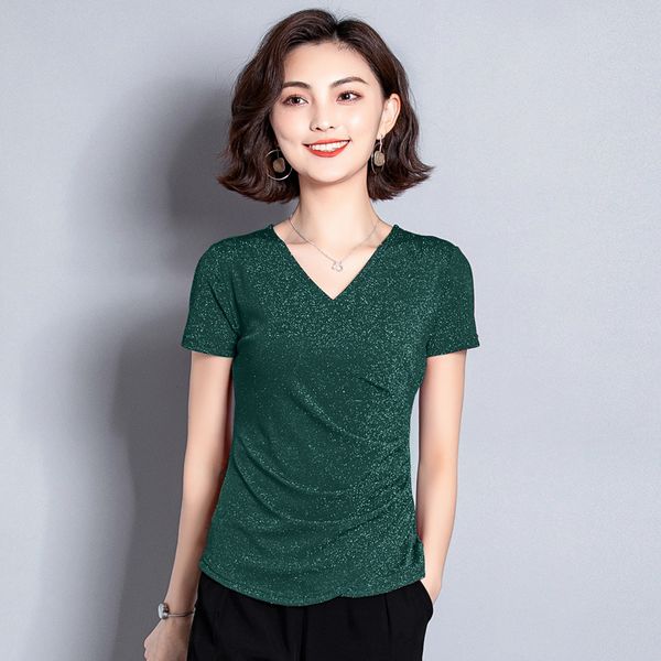 

T-shirt T-shirt Elastic mesh V-neck bright silk shirt women's 2020 summer high-end fashion top pleated slim foreign style bottom coat trend, White