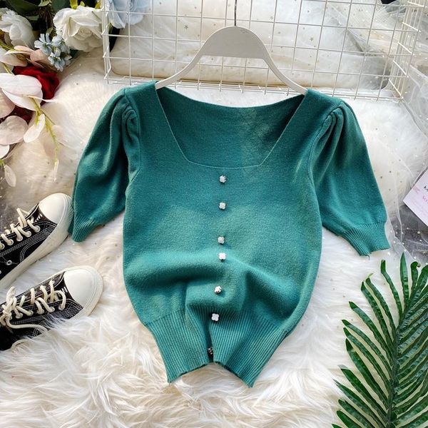 

women vintage sweater 2021 summer sleeve slim short knitted woman square neck button pullover pull sweaters women's, White;black