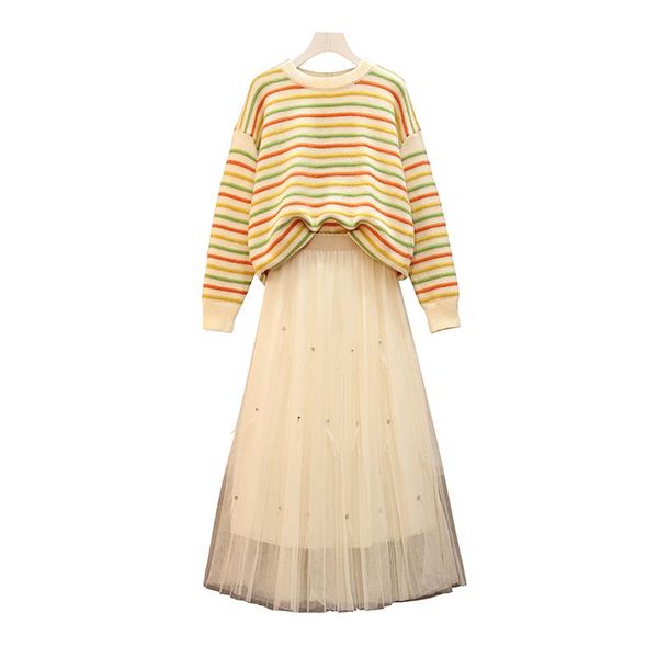 

two piece dress sweet net suit stripe knitting sweater nail bead feather pleated skirts women outfit knitwear leisure couture, White