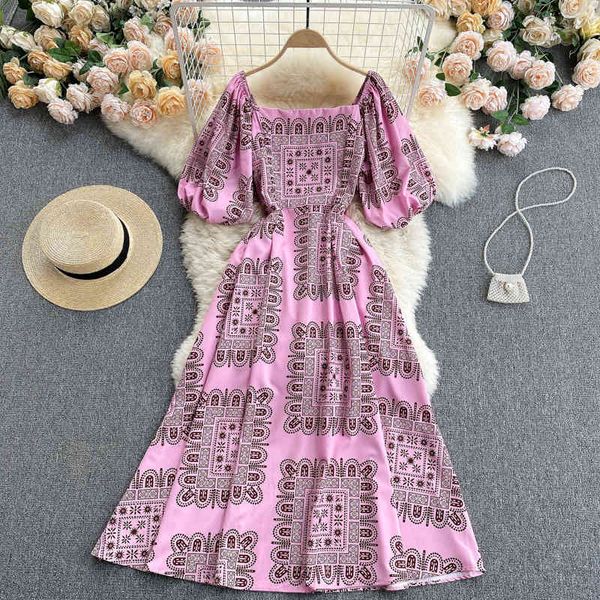 

singreiny women retro print dress square collar puff sleeve casual a-line dress summer elastic ruched streetwear midi long dress 210419, Black;gray