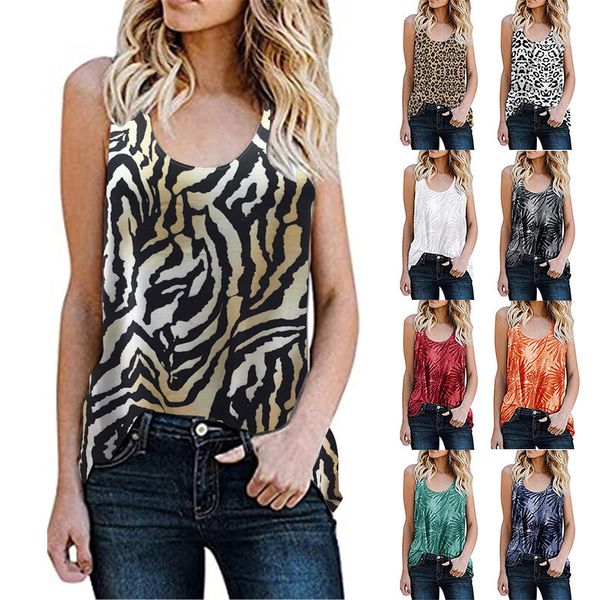 

women's t-shirt new summer casual sleeveless leopard rotten flower blouse fashion designer style round neck vest, White