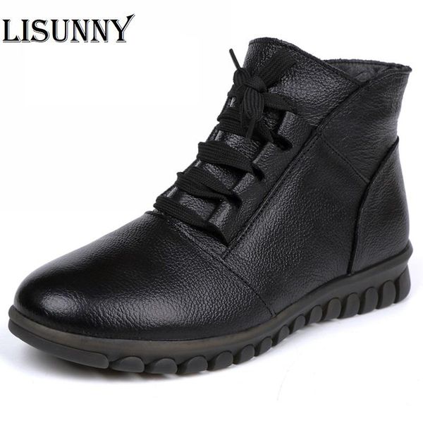 

boots 2021 women's ankle genuine leather shoes woman winter flat with zip fur boats mujer female retro, Black