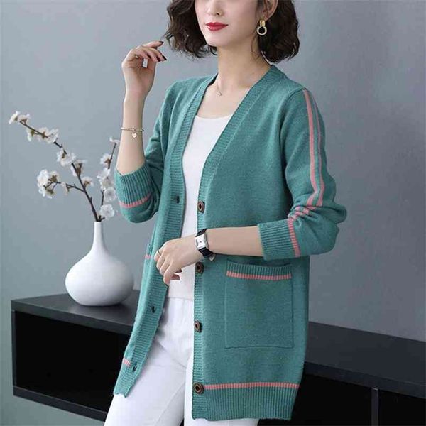 

long-sleeved striped cardigan sweater women single-breasted plus size color matching v-neck knitted female spring 210427, White;black