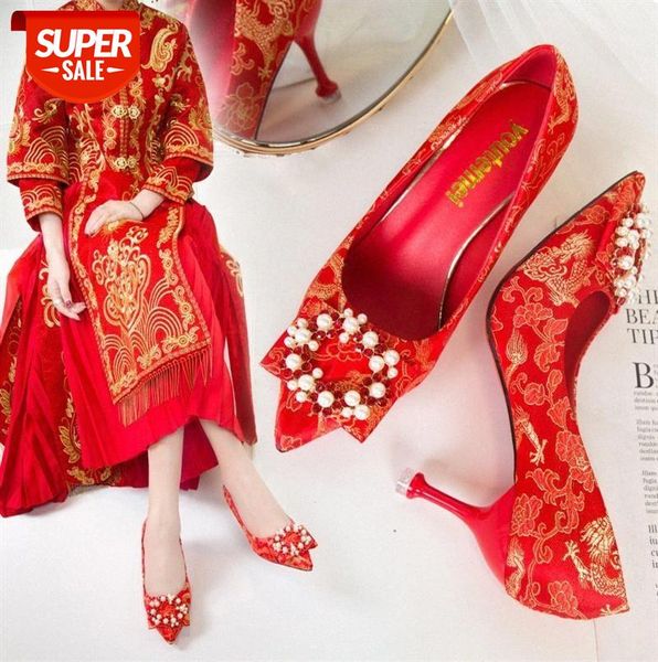 

wedding shoes female stiletto pointed pearl dress bridal big red high heel bridesmaid #705m, Black