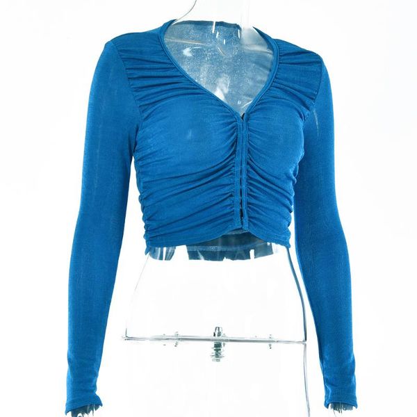 

women's t-shirt fashion v-neck long sleeve single breasted, White