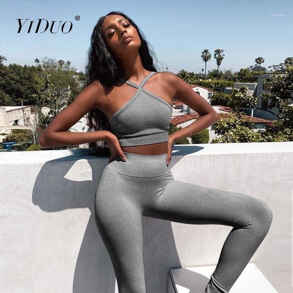 

yiduo tracksuit casual solid fitness sports jogger two pieces set 2021 summer women outfits halter crop and long pants women's tracksu, Gray