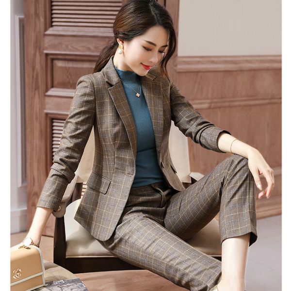 

women's two piece pants 2021 winter new suit casual temperament slim large plaid jacket ladies trouser set 9rm5, White