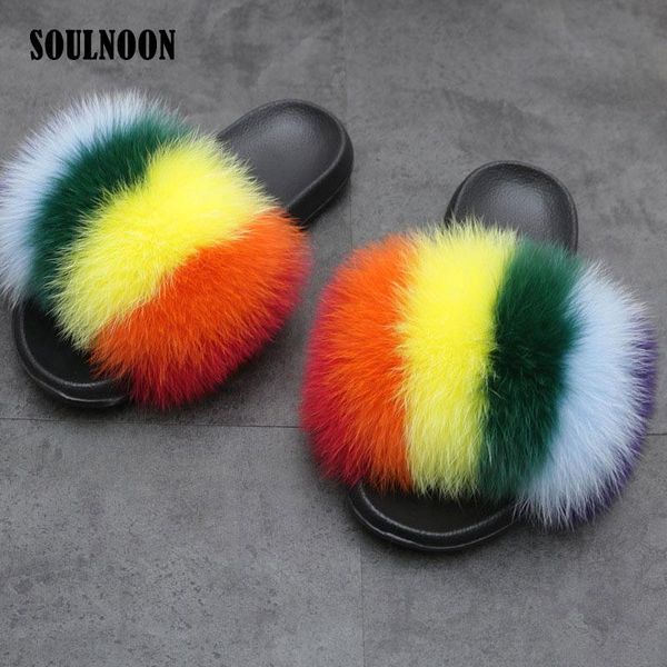 

slippers women fur colorful real fair fluffy flat slides home plush furry women's luxury shoes summer sandals, Black
