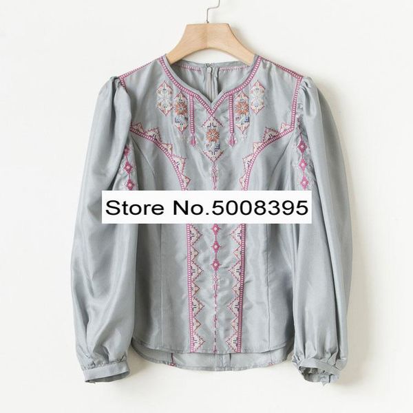 

women's blouses & shirts [elfstyle] - woman grey boho embroidery blouse round neck puff shoulders long sleeves fashion 2021, White