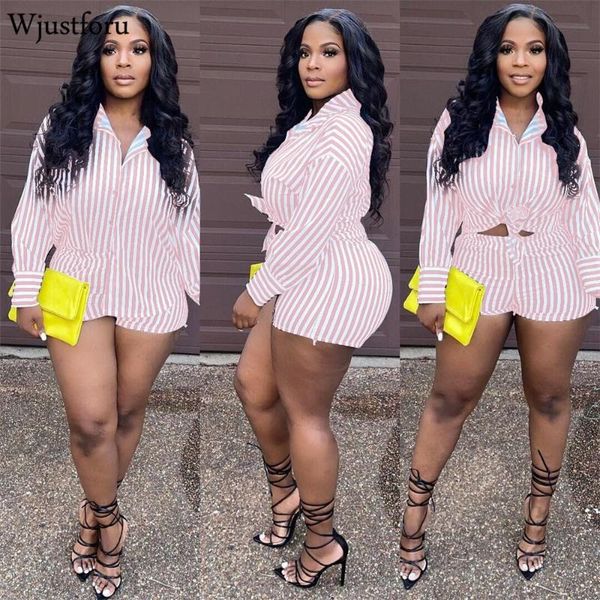 

women's tracksuits wjustforu striped two piece set women long sleeve turn down collar shirt bodycon high waist shorts slim streetwear s, Gray