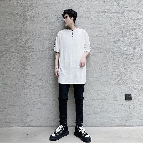

men summer thin knitting short sleeve slim fit t-shirt male streetwear fashion button decoration tees shirts men's t-shirts, White;black