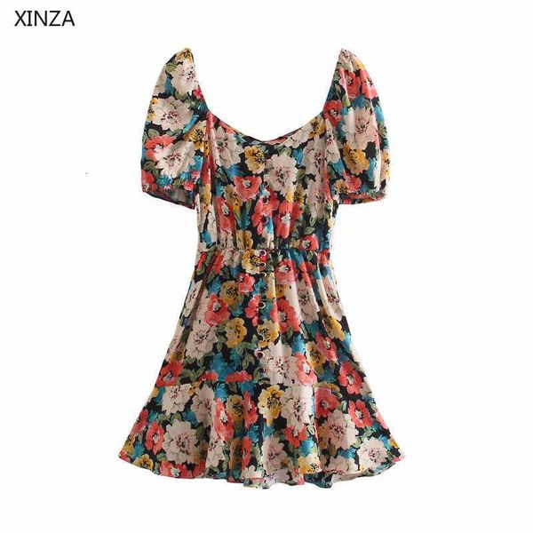 

casual dresses women summer short puff sleeve floral print elastic waist mini party woman fashion button up vintage 67uh, Black;gray