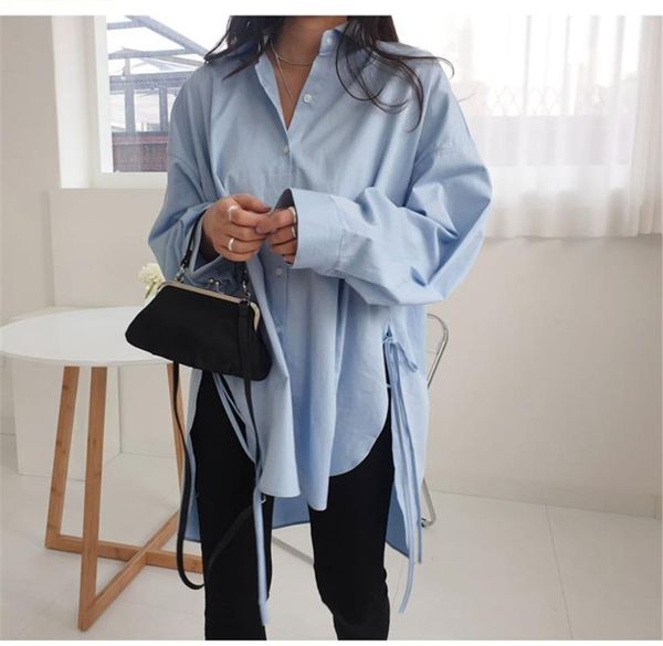 

women's blouses & shirts elegant asymmetrical blouse wgtd lace up blusas 2021 oversized button lapel shirt tunic female, White