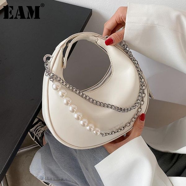 

evening bags [eam] women pearls chains handbag pu leather flap personality all-match crossbody shoulder bag fashion tide 2021 18a3213