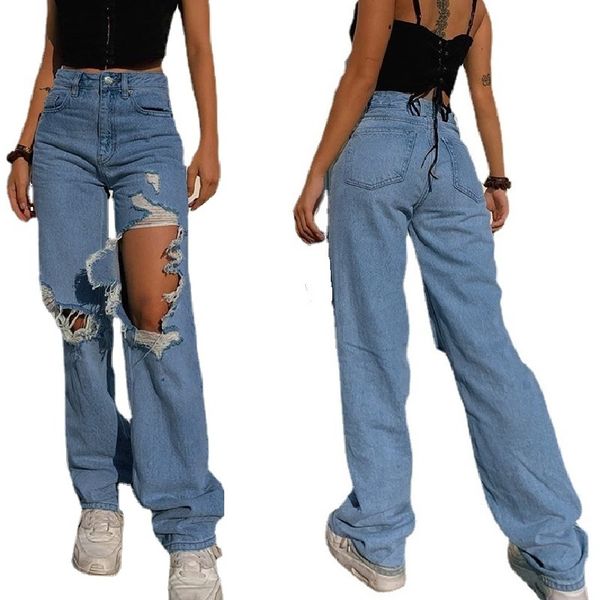 

women's jeans jeans high waist, torn, with hole, vintage, total length j74h, Blue