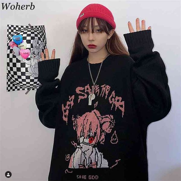 

black sweater women harajuku cartoon girl knitted pullover fashion pull femme korean ulzzang jumper 210519, White