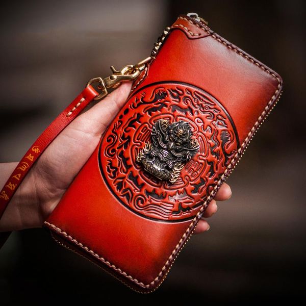 

wallets mystery tibet avatar three-dimensional relief handmade genuine leather mens wallet long zipper embossed women and hand, Red;black