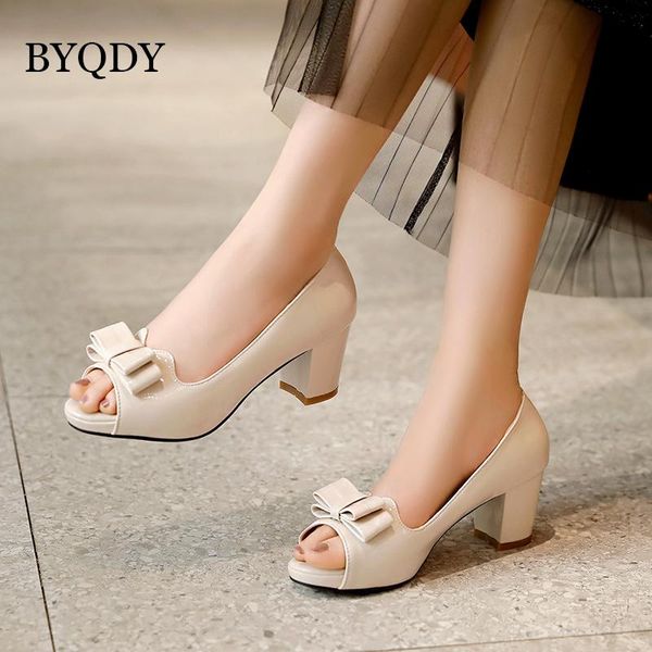 

dress shoes byqdy summer high heels women pumps sweet bow thick mary janes slip on peep toe wedding pink chaussures femme, Black