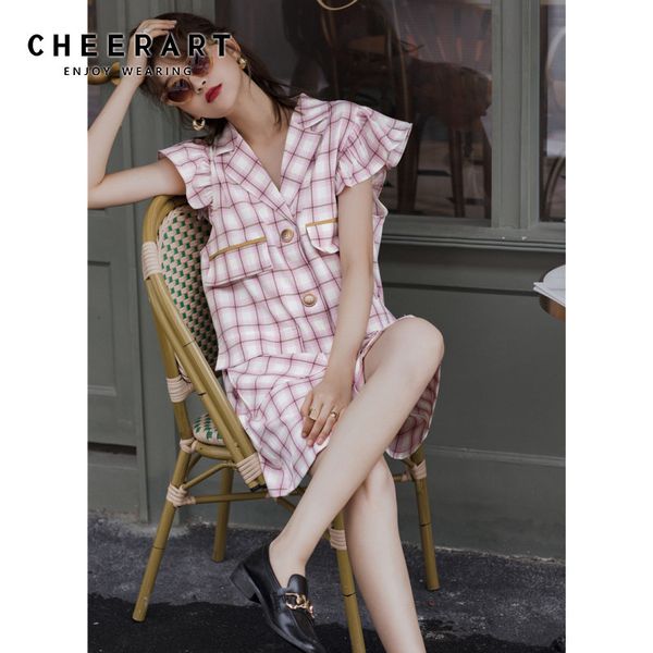 

pink plaid summer blazer dress women button up loose petal sleeve designer mini with pockets 210427, Black;gray