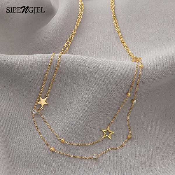 

chains sipengjel fashion stainteel steel multilayer pendant star necklace for women charm choker neckalce jewelry gift, Silver