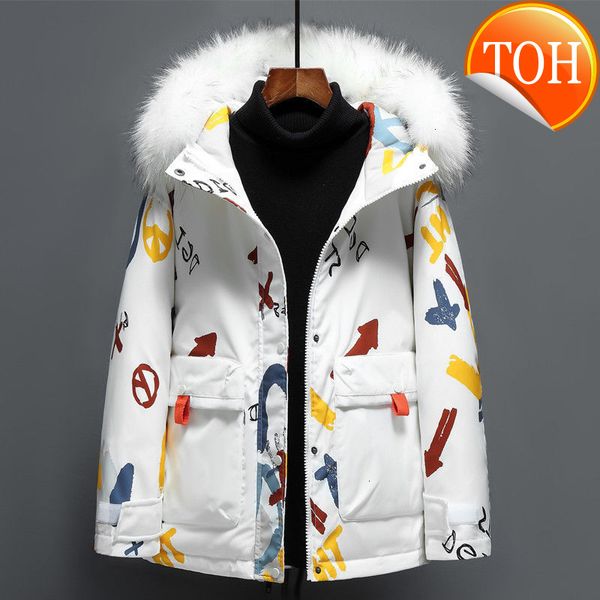 

hip hop men's white duck down jacket 2021 winter couple thickened warm hooded fur collar fashion little devil print, Black