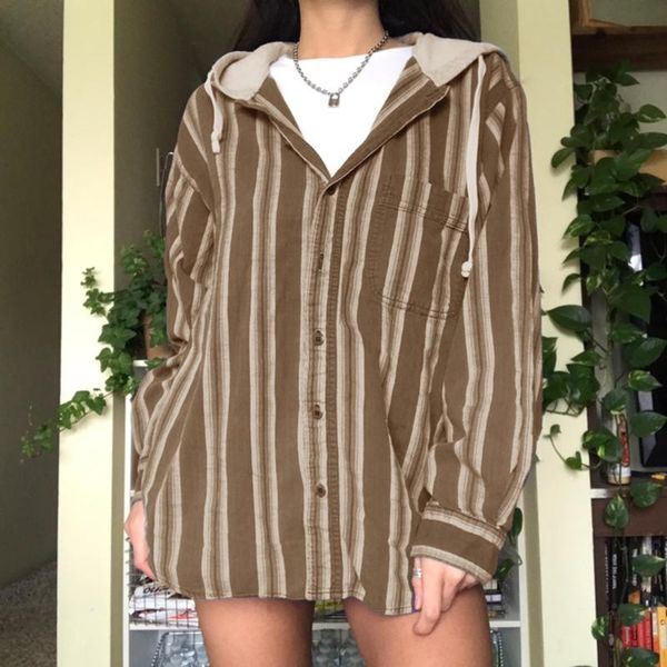 

women's jackets weiyao striped hooded shirts jacket women autumn casual button up coat y2k aesthetic loose hoodie chic fairycore cloth, Black;brown