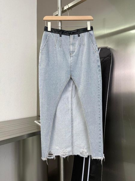 

skirts 2021 women fashion contrast color waist denim split skirt 0430, Black