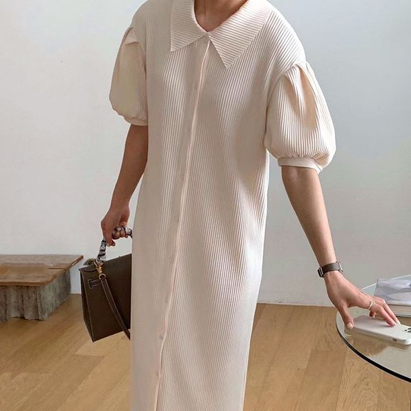 

casual dresses korean chic minimalist lapel single breasted slim pleated loose medium length 1n21, Black;gray