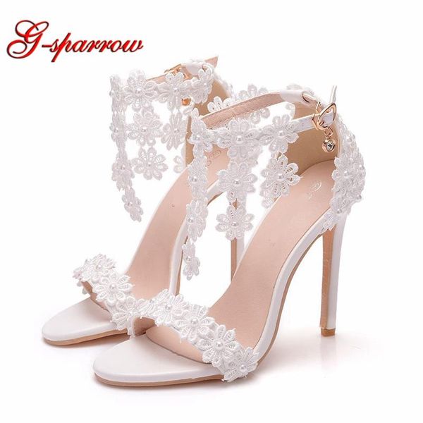 

summer sandals sweet ankle strap white lace flower shoe 4 inches heel open toe wedding shoes female bride dress, Black