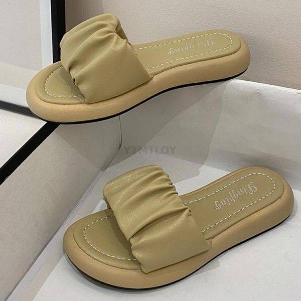 

slippers women 2021 summer outdoor shoes home fashion sandals casual beige platform beach soft sole pleated slides ytmtloy, Black